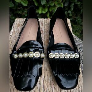 Zara Trafaluc Black Patent Leather Loafers with Pearl Detail